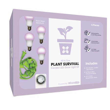Miracle Led 4-Socket Plant Survival Grow Light Kit- Red & Blue Spec. 12W Replace 150W Grow Bulbs w/ Timer 802353